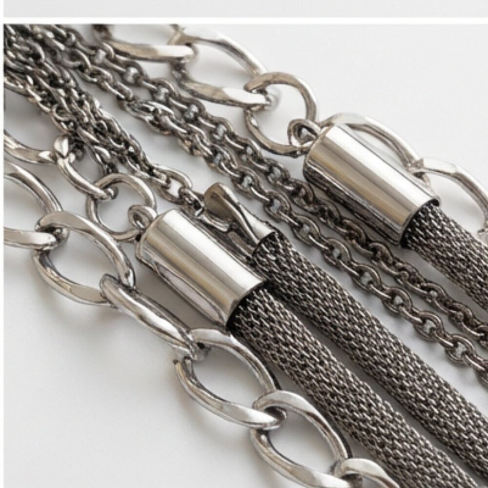 Chico's Multi-Chain Layered Statement Necklace | Silver Tone Mixed Textures - Picture 7 of 8